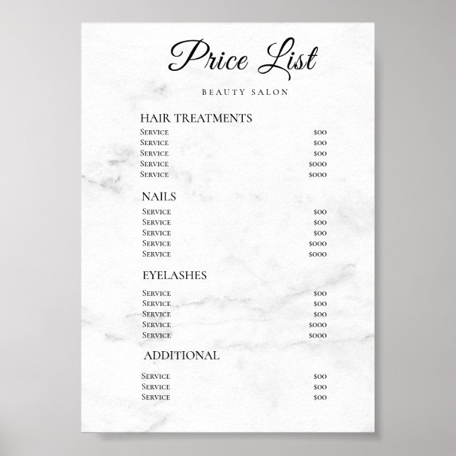 Modern Elegant Skönhetssalong Prislista Poster (Framsidan)