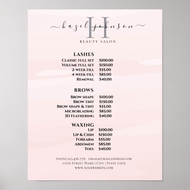 Modern Elegant Skönhetssalong Prislista Poster (Framsidan)