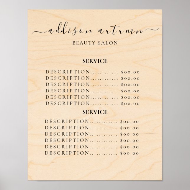 Modern Elegant Skönhetssalong Prislista Poster (Framsidan)