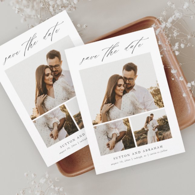 Modern Elegant Skrift 3 Foto Collage Spara Datum Magnetisk Inbjudningskort (Modern Elegant Script 3 Photo Wedding Save the Date Magnetic Card.)