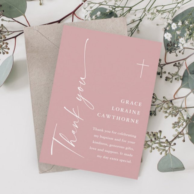 Modern Elegant Skrift Damig Pink Flickor Dop Tack Kort (Modern Script Dusty Pink Girls Baptism Thank You Cards.)