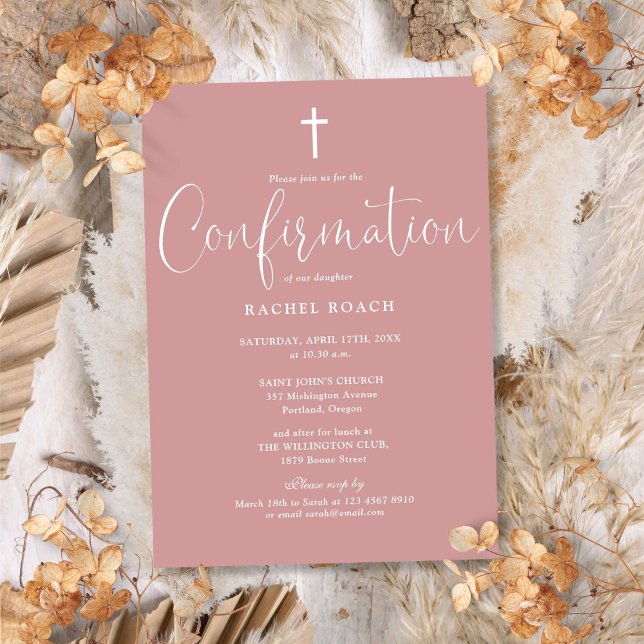 Modern Elegant Skrift Dammt Rosa Rosa Bekräftelse Inbjudningar (Modern Elegant Script Dusty Rose Pink Confirmation Invitation)