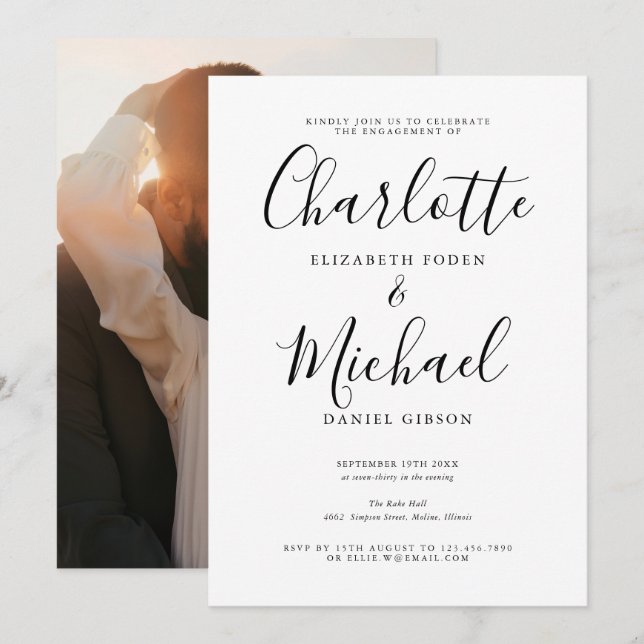 Modern Elegant Skrift Foto Förlovningsfest Inbjudningar (Fram/baksida)