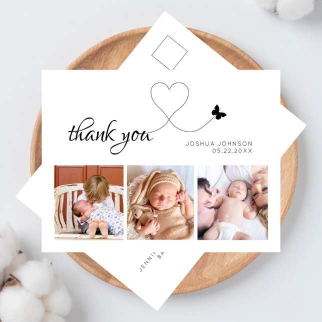 Modern Elegant Skrift Minimal 3 Foto Babykalas Vykort (elegant photo collage baby shower / new baby thank you postcard)