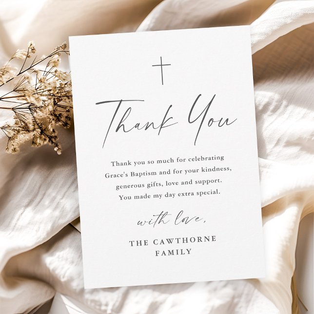 Modern Elegant Skrift Minimal Dop Tack Kort (Simple minimal script black and white cross baptism thank you card.)