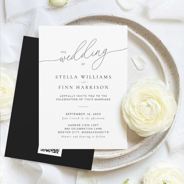 Modern Elegant Skrift Minimalistisk QR-kod Bröllop Inbjudningar (Modern Elegant Script Minimalist QR Code Wedding Invitation)