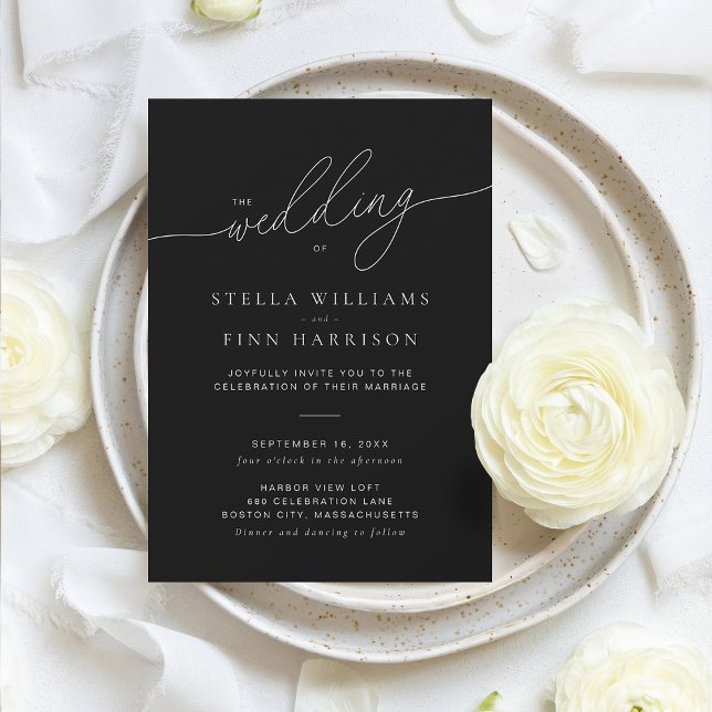 Modern Elegant Skrift Minimalistisk Svart Bröllop Inbjudningar (Modern Elegant Script Minimalist Black Wedding Invitation)