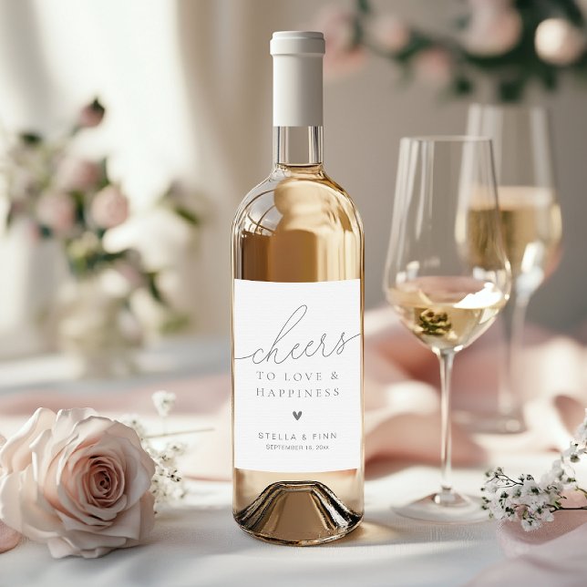 Modern Elegant Skriftlig Lycka Bröllopspresent Vinflaska Etikett (Modern Elegant Script Cheers Wedding Favor Wine Label)