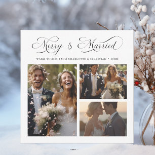 Modern Elegant-skript 3-foto, Merry & Married Julkort