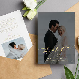 Modern elegant-skript, fotosvart guld bröllop tack kort