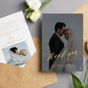 Modern elegant-skript, fotosvart guld bröllop tack kort