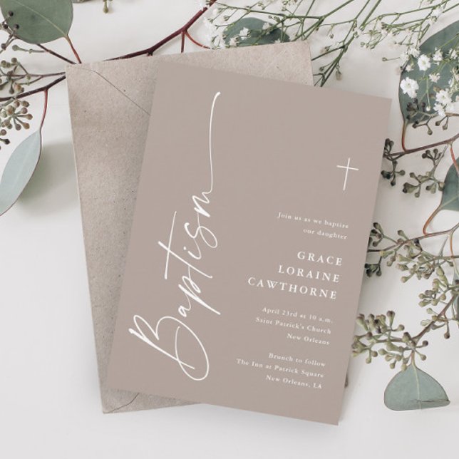 Modern Elegant Skript Könsneutral Boho Dop Inbjudningar (Modern Elegant Script Boho Gender Neutral Baptism Invitations.)