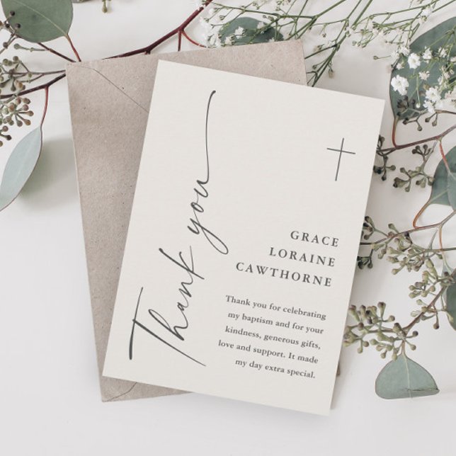 Modern Elegant Skript Könsneutral Dopceremoni Tack Kort (Modern Script Gender Neutral Baptism Thank You Cards.)