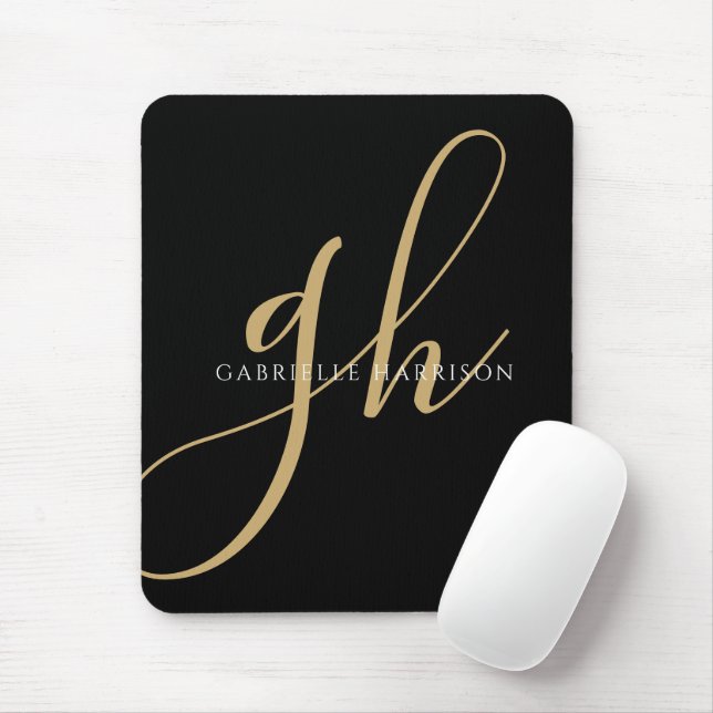 Modern Elegant-skript Monogram Namn Black Guld Musmatta (Med mus)
