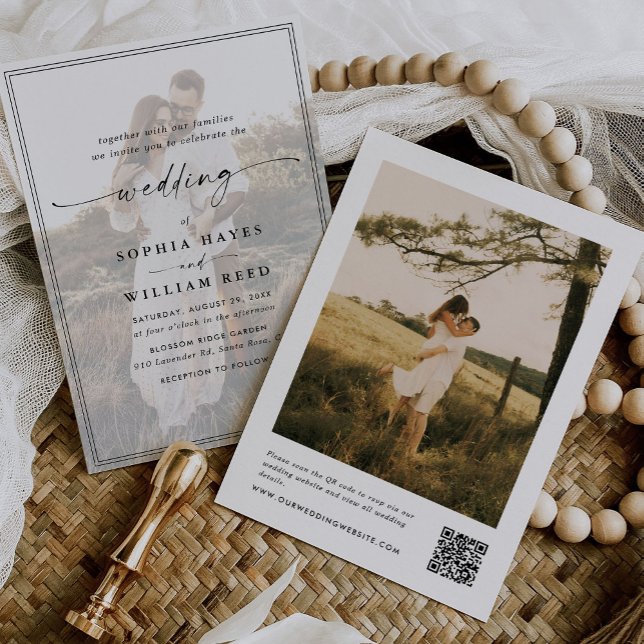 Modern Elegant-skript QR-kodfoto Bröllop Inbjudningar (Skapare uppladdad)