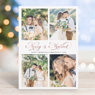 Modern Elegant Skript Red Merry & Married 4 Photo Julkort
