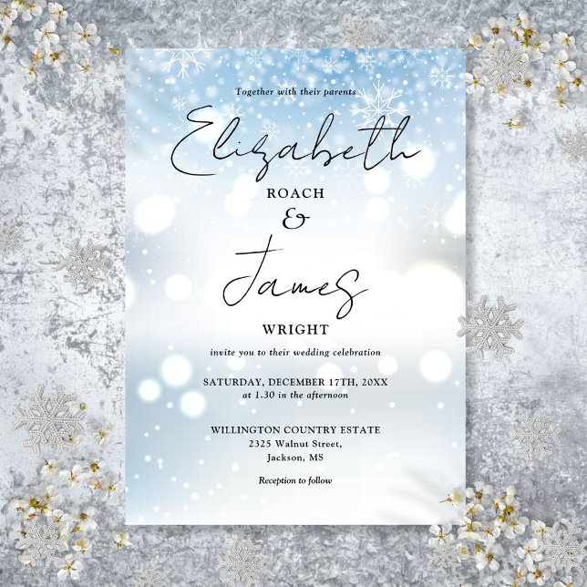 Modern Elegant Skript Snöflingor Vinter Bröllop Inbjudningar (Modern Elegant Script Snowflakes Winter Wedding Invitation)