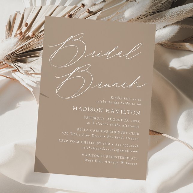 Modern Elegant Skript Taupe Bröllopsdusch Brunch Inbjudningar (Skapare uppladdad)