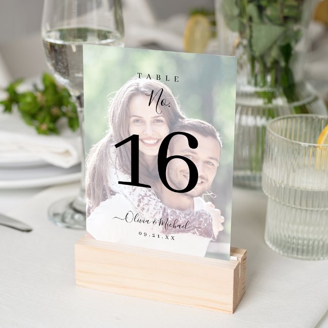 Modern elegant-skriptfoto bröllop bordsnummer (Modern simple elegant script photo wedding table number)