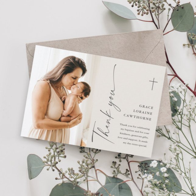 Modern Elegant-skriptfotobaptism - tack för ditt k Inbjudningar (Skapare uppladdad)