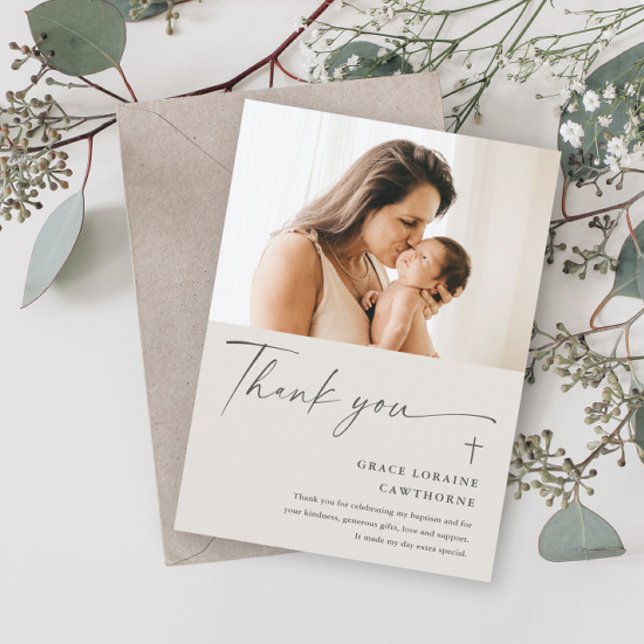 Modern Elegant-skriptfotobaptism - tack för ditt k Inbjudningar (Skapare uppladdad)