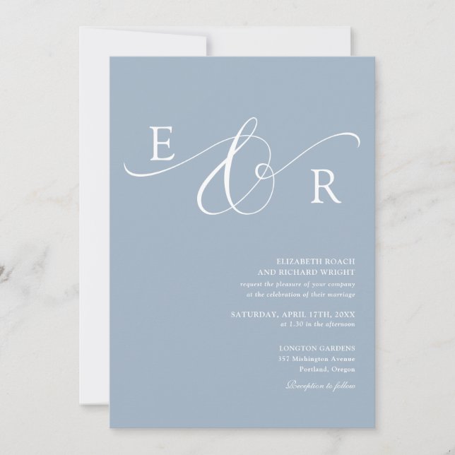 Modern Elegant Skriptmonogram Damblå Bröllop Inbjudningar (Framsida)