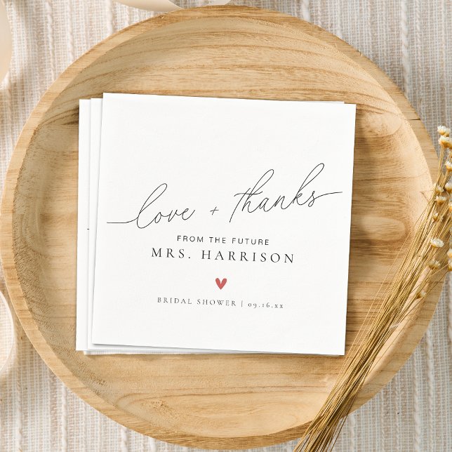 Modern elegant skrivstil Love + Thanks bröllopsdus Pappersservett (Modern Elegant Script Love + Thanks Bridal Shower Napkins)