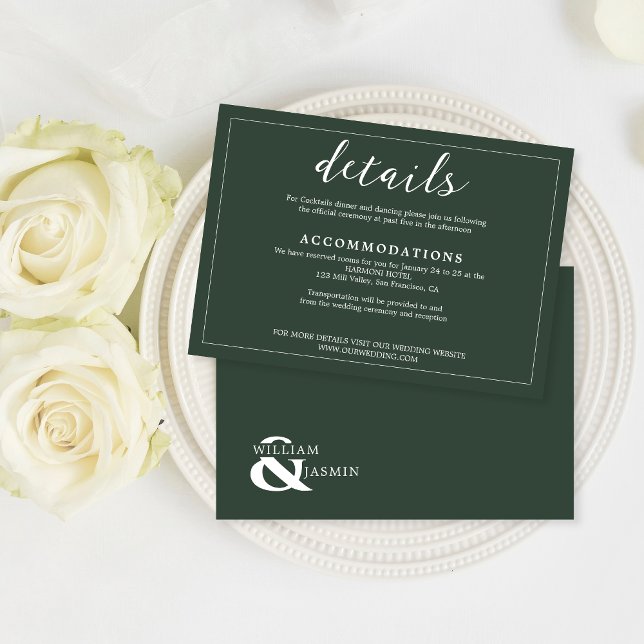 Modern Elegant Smaragdgrön Kant Script Bröllop Tilläggskort (Skapare uppladdad)