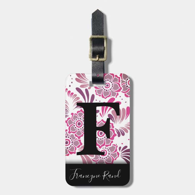 Modern Elegant Snyggt Rosa Blommigt Travel Monogra Bagagebricka (Vertikal Framsida)