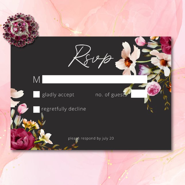 Modern Elegant Sommar Äng Blommig Svart Bröllop OSA Kort (Modern Elegant Summer Meadow Floral Black Wedding RSVP Card)