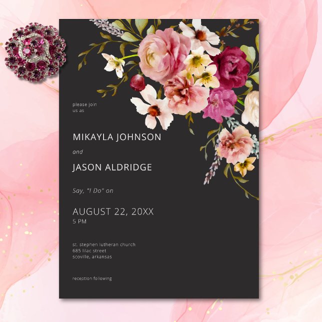 Modern Elegant Sommar Blommigt Black Bröllop Inbjudningar (Modern Elegant Summer Meadow Floral Black Wedding Invitation)