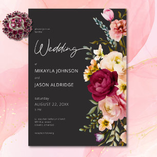Modern Elegant Sommar Blommigt Black Bröllop Inbjudningar