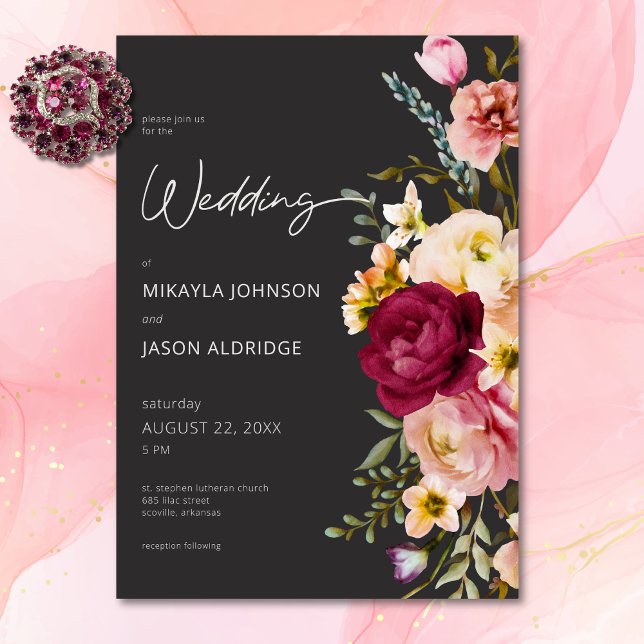 Modern Elegant Sommar Blommigt Black Bröllop Inbjudningar (Modern Elegant Summer Meadow Floral Black Wedding Invitation)