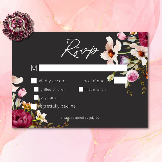 Modern Elegant Sommar Blommigt Black Bröllop OSA Kort (Modern Elegant Summer Meadow Floral Black Wedding RSVP Card)