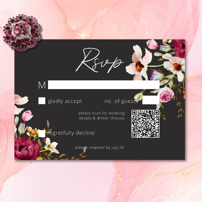Modern Elegant Sommar Blommigt Black Bröllop OSA Kort (Modern Elegant Summer Meadow Floral Black Wedding RSVP Card)