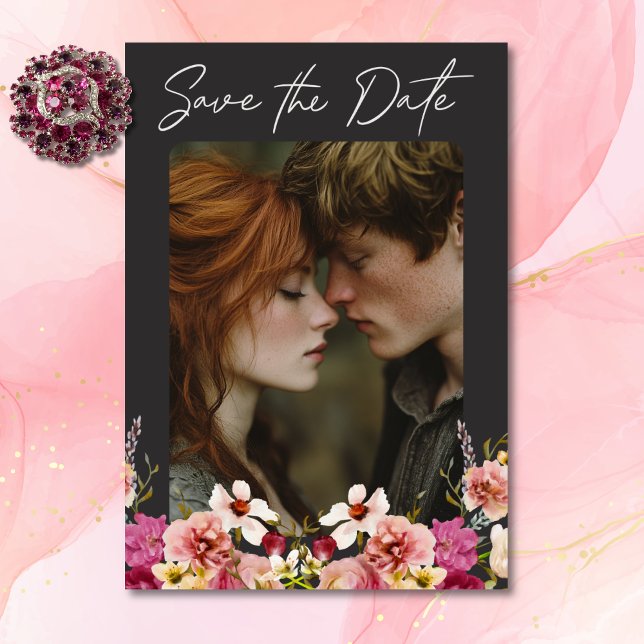 Modern Elegant Sommar Blommigt Black Bröllop Spara Datumet (Modern Elegant Summer Meadow Floral Black Wedding Save The Date)