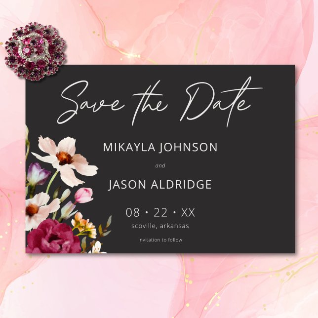 Modern Elegant Sommar Blommigt Black Bröllop Spara Datumet (Modern Elegant Summer Meadow Floral Black Wedding Save The Date)