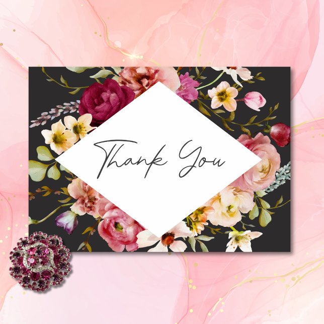 Modern Elegant Sommar Blommigt Black Bröllop Tack Kort (Modern Elegant Summer Meadow Floral Black Wedding Thank You Card)