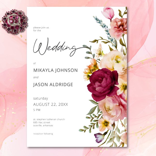 Modern Elegant Sommar Blommigt Vita Bröllop Inbjudningar (Modern Elegant Summer Meadow Floral Black Wedding Invitation)