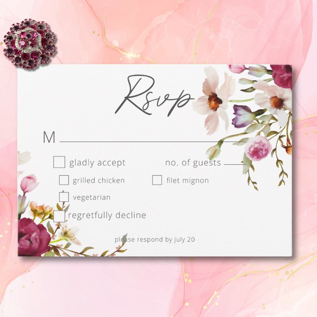 Modern Elegant Sommar Blommigt Vita Bröllop OSA Kort (Modern Elegant Summer Meadow Floral White Wedding RSVP Card)