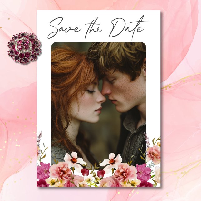 Modern Elegant Sommar Blommigt Vita Bröllop Spara Datumet (Modern Elegant Summer Meadow Floral White Wedding Save The Date)