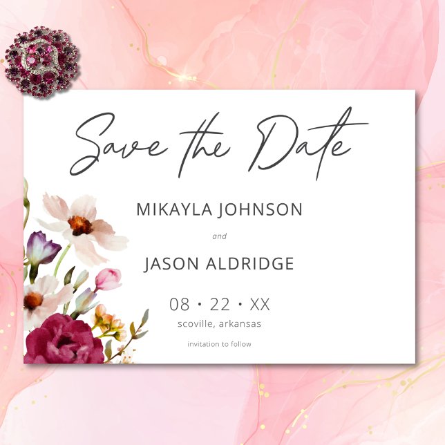 Modern Elegant Sommar Blommigt Vita Bröllop Spara Datumet (Modern Elegant Summer Meadow Floral White Wedding Save The Date)