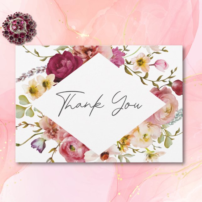 Modern Elegant Sommar Blommigt Vita Bröllop Tack Kort (Modern Elegant Summer Meadow Floral White Wedding Thank You Card)