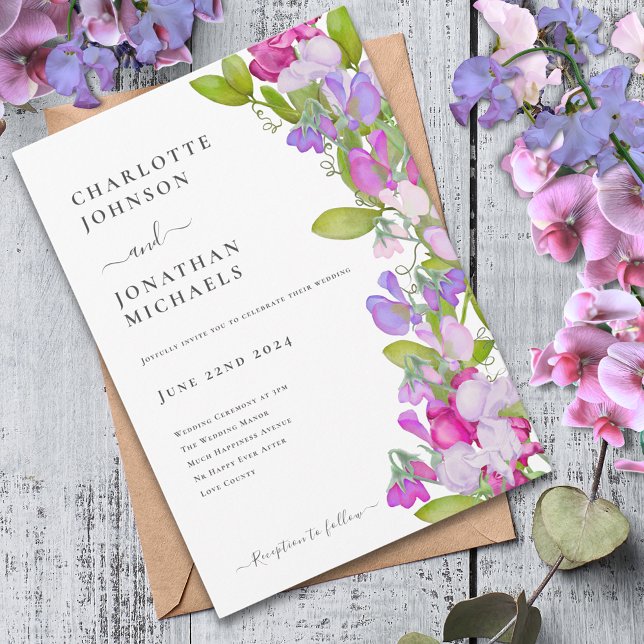 Modern Elegant, sommartid, Blommigt Bröllop Inbjudningar (Modern sweetpea floral pink purple wedding invitation)