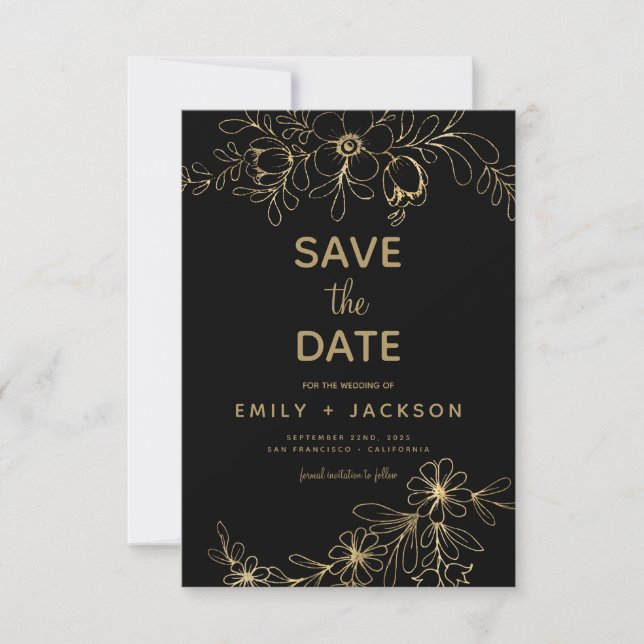 Modern Elegant Spara Blommigten Date Black Guld Datumet (Framsida)