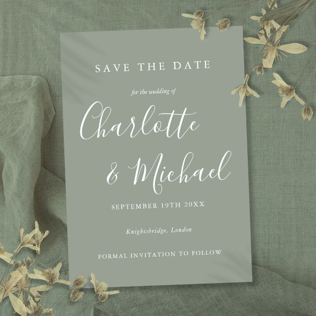 Modern elegant spara datumet (Elegant Modern Sage Green Script Wedding Save The Date)