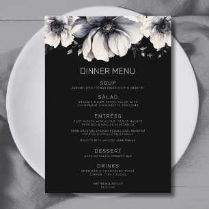 Modern Elegant Svart Blommig Bröllop Meny