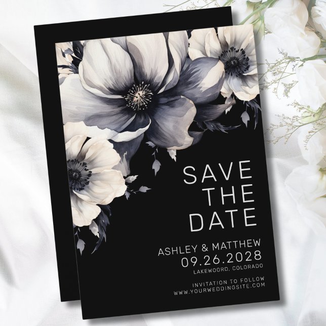 Modern Elegant Svart Blommig Bröllop Spara Datumet (Botanical Modern Elegant Black Floral Wedding Save The Date)