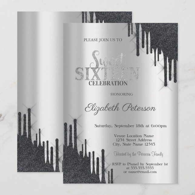 Modern Elegant Svart Glitter Drips Söt 16  Inbjudningar (Fram/baksida)