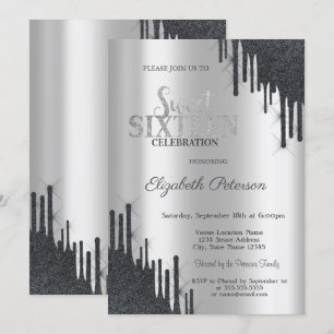 Modern Elegant Svart Glitter Drips Söt 16  Inbjudningar